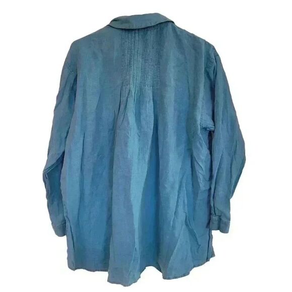 Neiman Marcus Women's Turquoise Linen Pleated Collared Button Down Shirt - Picture 2 of 7